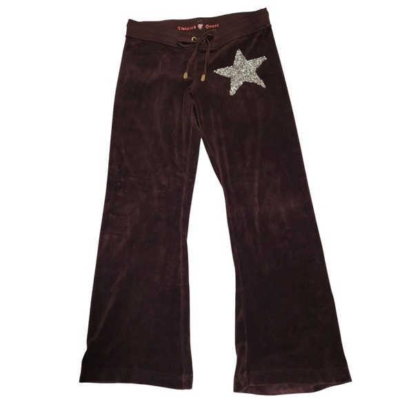 TWISTED HEART Pants - Vintage Twisted Heart Brown Velour‎ Track Pants Sequin Star Slim Flare Low Rise